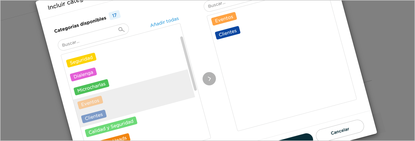 Selección de categorías para un usuario editor de contenidos