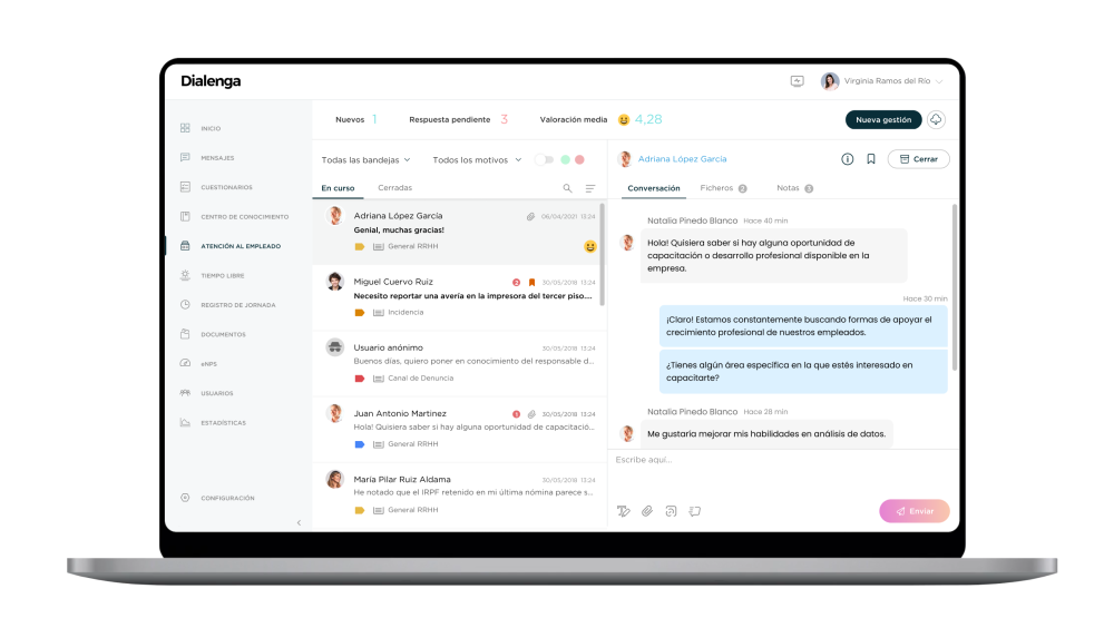 Gestión de solicitudes de los empleados en el backoffice de Dialenga